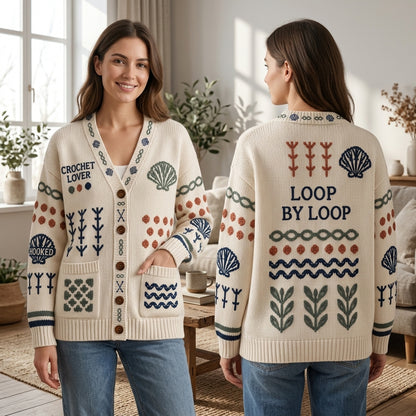 Crochet Lover Artistic Knitted Cardigan - Loop by Loop Oversized Sweater for Crafters - mockup 1
