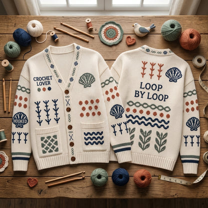 Crochet Lover Artistic Knitted Cardigan - Loop by Loop Oversized Sweater for Crafters - mockup 2