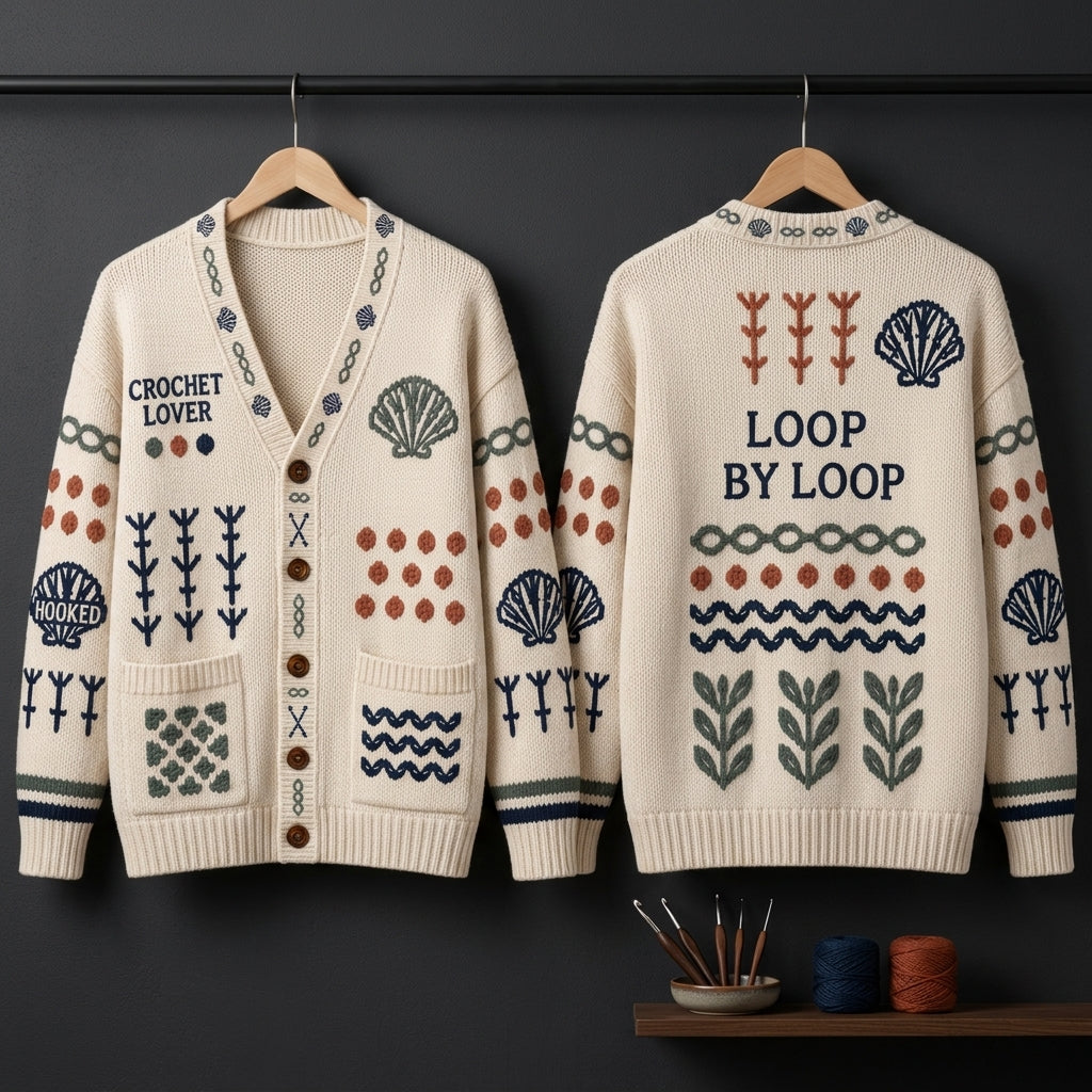 Crochet Lover Artistic Knitted Cardigan - Loop by Loop Oversized Sweater for Crafters - mockup 3