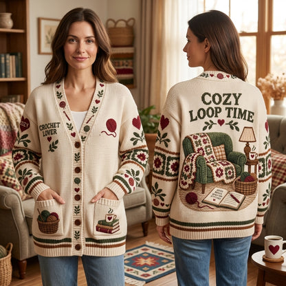 Crochet Lover Cozy Loop Time Knitted Cardigan – Relaxed Oversized V-Neck Sweater - mockup 1