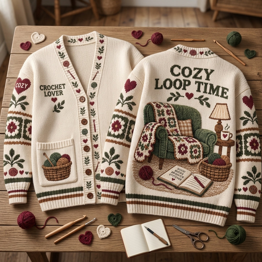 Crochet Lover Cozy Loop Time Knitted Cardigan – Relaxed Oversized V-Neck Sweater - mockup 2