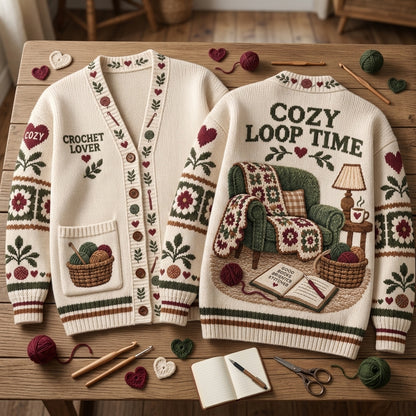 Crochet Lover Cozy Loop Time Knitted Cardigan – Relaxed Oversized V-Neck Sweater - mockup 2