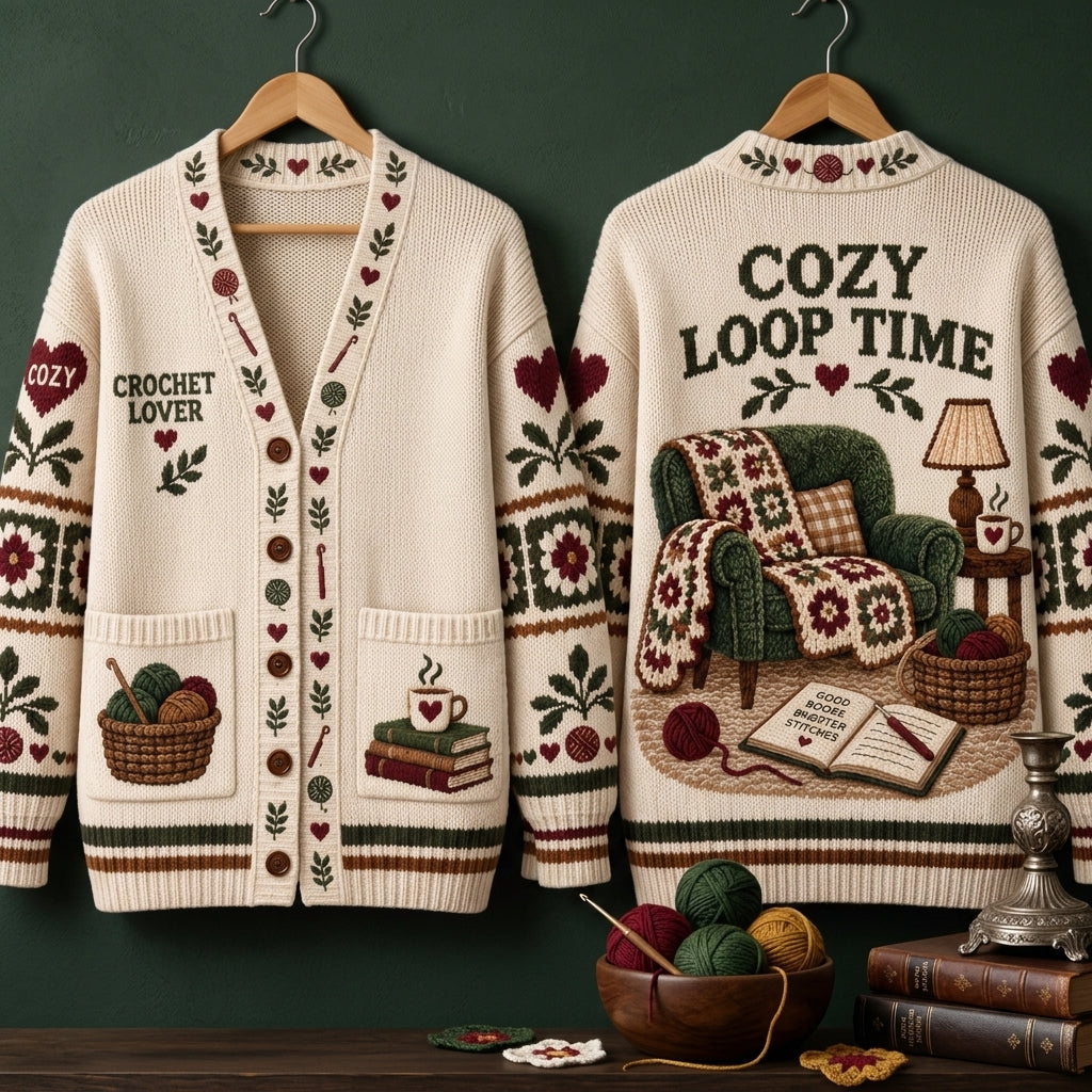 Crochet Lover Cozy Loop Time Knitted Cardigan – Relaxed Oversized V-Neck Sweater - mockup 3