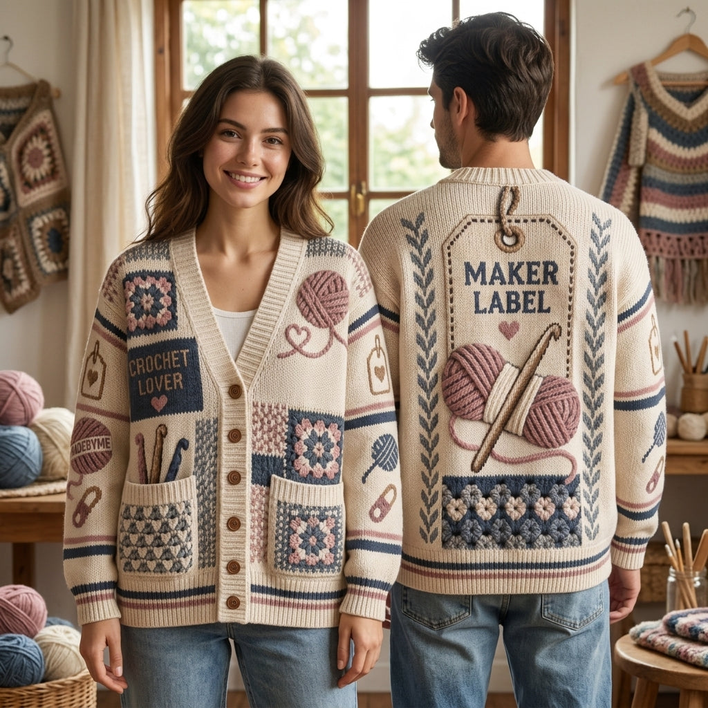 Crochet Lover Maker Label Patterned Knitted Cardigan - Cozy Gift for Fiber Artists - mockup 1