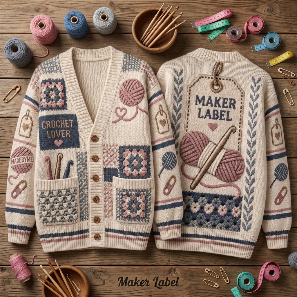 Crochet Lover Maker Label Patterned Knitted Cardigan - Cozy Gift for Fiber Artists - mockup 2