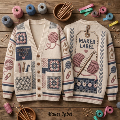 Crochet Lover Maker Label Patterned Knitted Cardigan - Cozy Gift for Fiber Artists - mockup 2