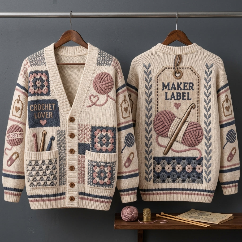 Crochet Lover Maker Label Patterned Knitted Cardigan - Cozy Gift for Fiber Artists - mockup 3