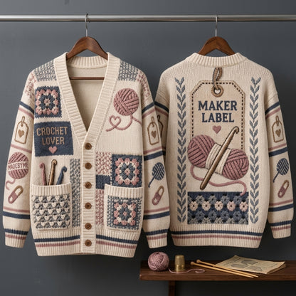 Crochet Lover Maker Label Patterned Knitted Cardigan - Cozy Gift for Fiber Artists - mockup 3