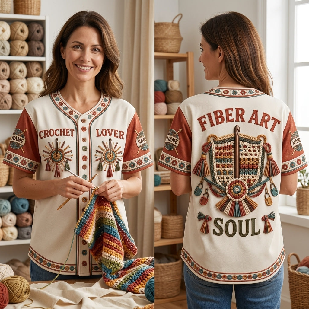 Personalized Crochet Lover Baseball Jersey - Fiber Art Soul Gift for Crafters - mockup 1