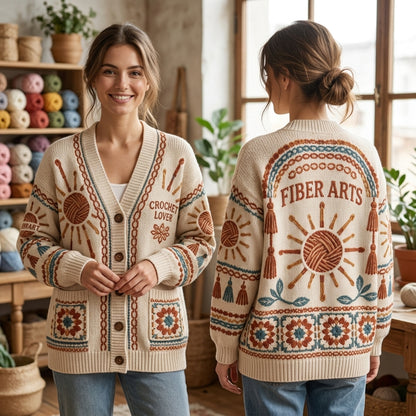 Fiber Arts Granny Square Print Knitted Cardigan – Cozy Gift for Crochet Lovers - mockup 1