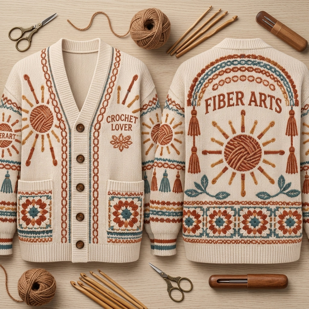 Fiber Arts Granny Square Print Knitted Cardigan – Cozy Gift for Crochet Lovers - mockup 2