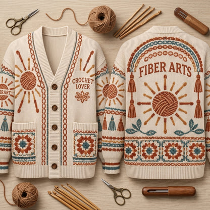 Fiber Arts Granny Square Print Knitted Cardigan – Cozy Gift for Crochet Lovers - mockup 2
