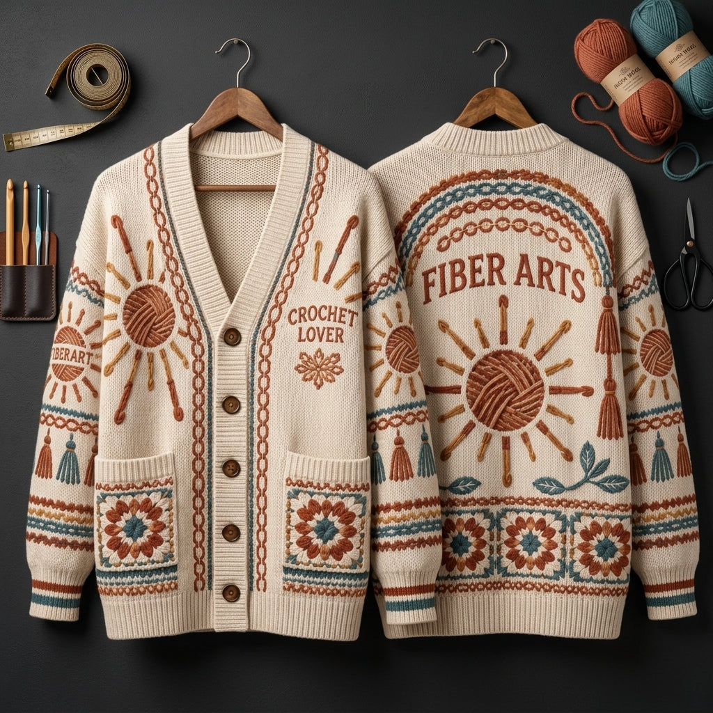 Fiber Arts Granny Square Print Knitted Cardigan – Cozy Gift for Crochet Lovers - mockup 3