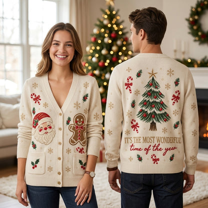Santa Claus and Gingerbread Man Christmas Knitted Cardigan – Festive Holiday Apparel - mockup 1
