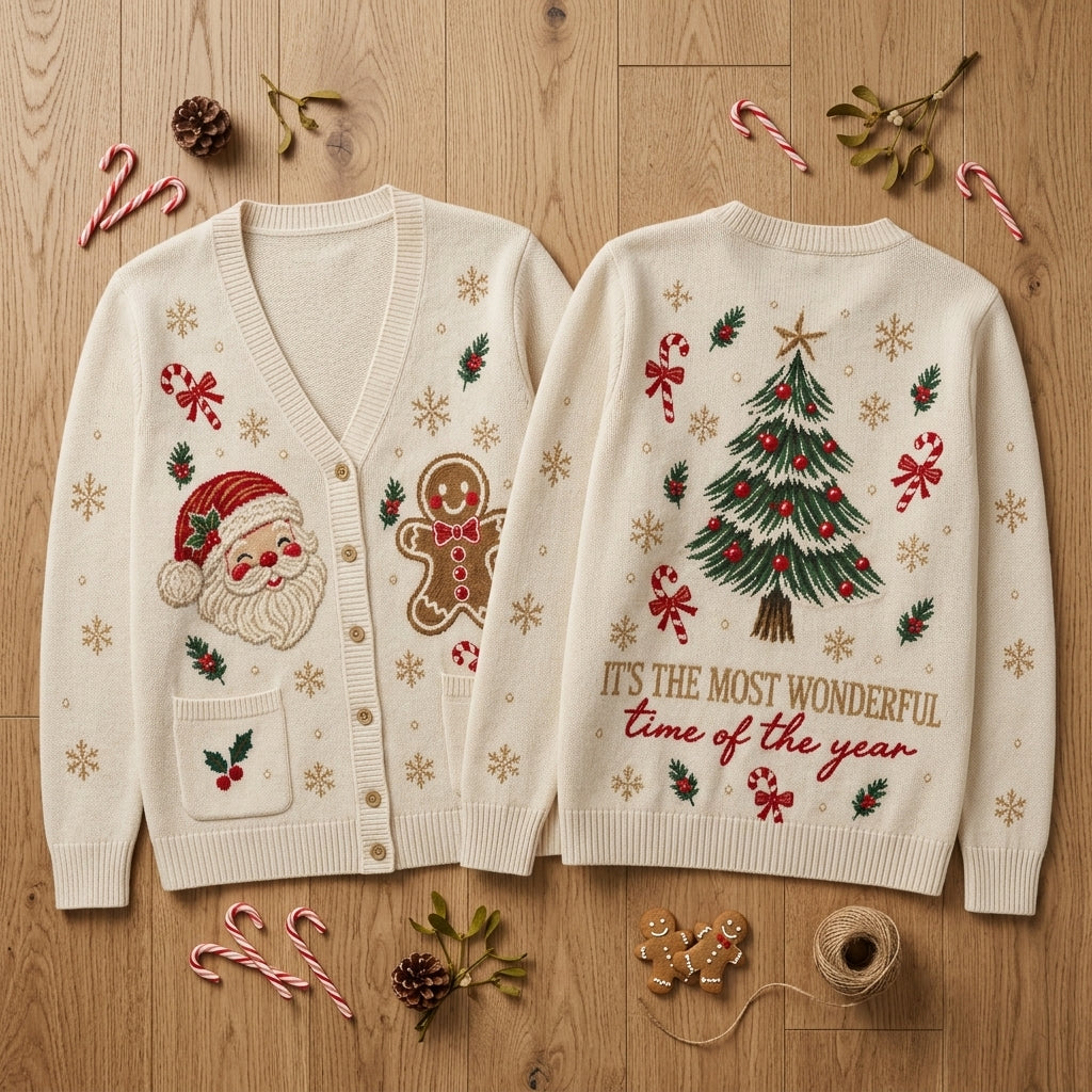 Santa Claus and Gingerbread Man Christmas Knitted Cardigan – Festive Holiday Apparel - mockup 2