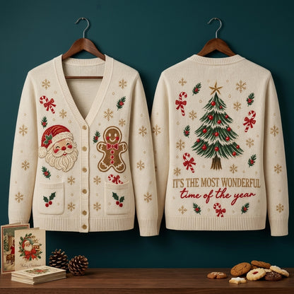 Santa Claus and Gingerbread Man Christmas Knitted Cardigan – Festive Holiday Apparel - mockup 3