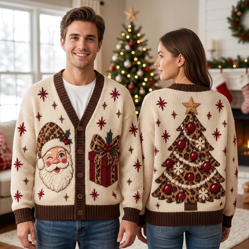 Leopard Print Santa & Christmas Tree Knitted Cardigan – Festive Holiday Gift - mockup 1