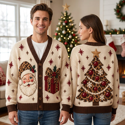 Leopard Print Santa & Christmas Tree Knitted Cardigan – Festive Holiday Gift - mockup 1