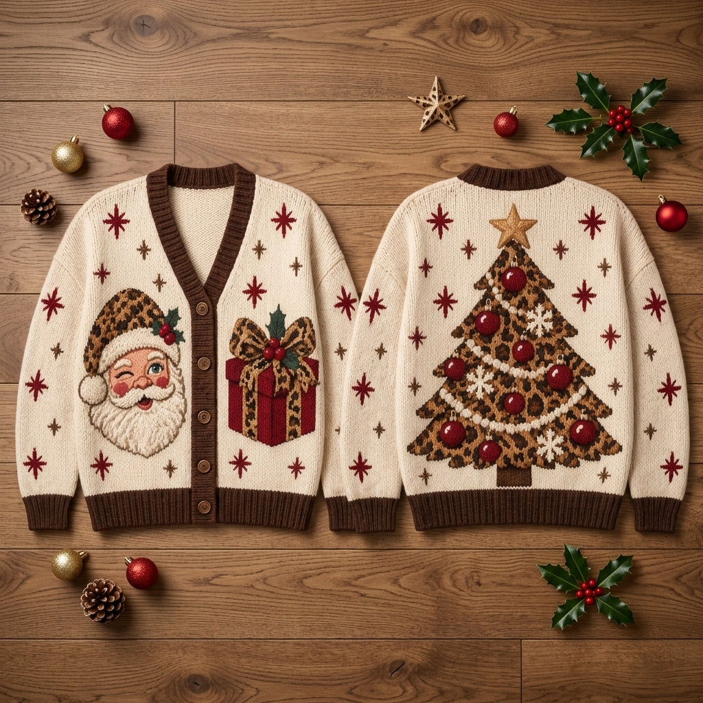 Leopard Print Santa & Christmas Tree Knitted Cardigan – Festive Holiday Gift - mockup 2