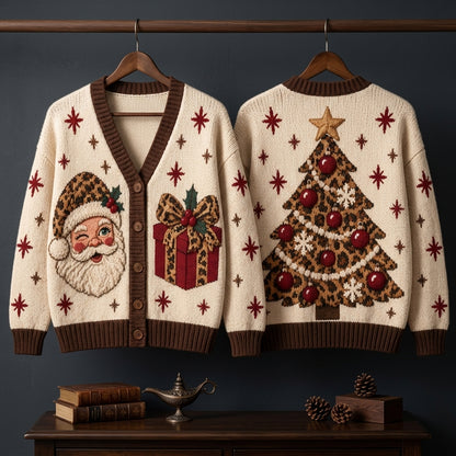 Leopard Print Santa & Christmas Tree Knitted Cardigan – Festive Holiday Gift - mockup 3