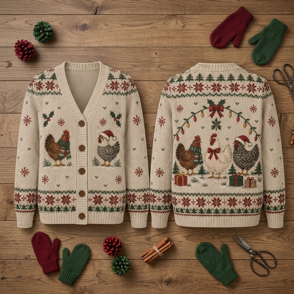Festive Chicken Christmas Knitted Cardigan – Holiday Poultry Lover Gift - mockup 2