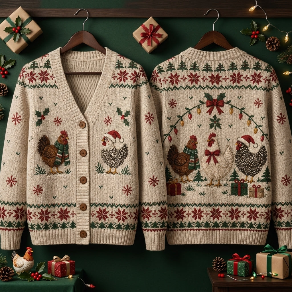 Festive Chicken Christmas Knitted Cardigan – Holiday Poultry Lover Gift - mockup 3