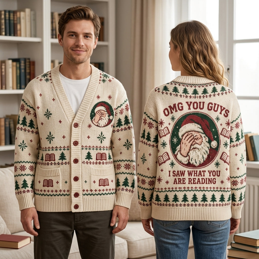Funny Book Lover Santa Knitted Cardigan – OMG You Guys I Saw What You Are Reading - mockup 1