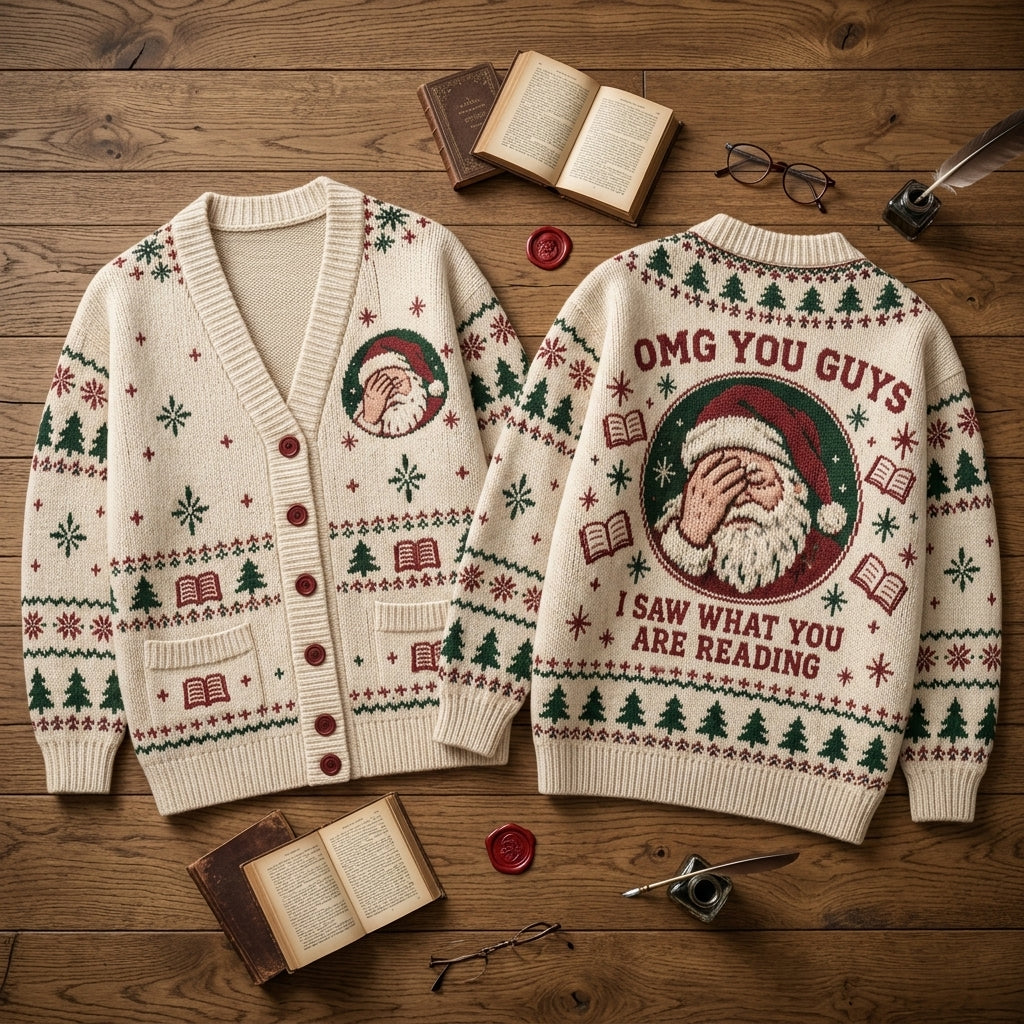 Funny Book Lover Santa Knitted Cardigan – OMG You Guys I Saw What You Are Reading - mockup 2