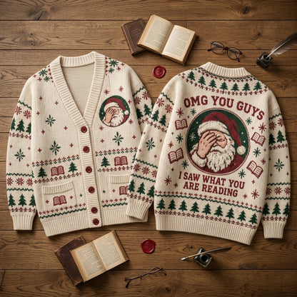 Funny Book Lover Santa Knitted Cardigan – OMG You Guys I Saw What You Are Reading - mockup 2