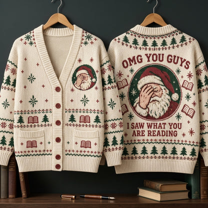 Funny Book Lover Santa Knitted Cardigan – OMG You Guys I Saw What You Are Reading - mockup 3
