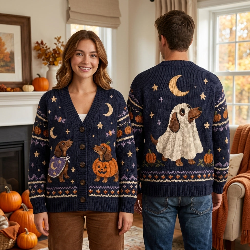 Halloween Dachshund Costume Knitted Cardigan – Oversized Spooky Dog Lover Sweater - mockup 1
