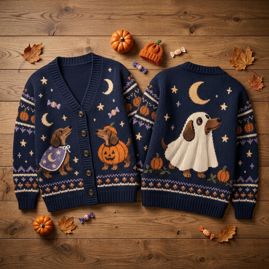 Halloween Dachshund Costume Knitted Cardigan – Oversized Spooky Dog Lover Sweater - mockup 2