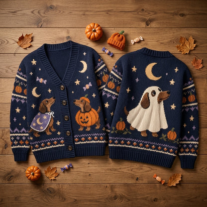Halloween Dachshund Costume Knitted Cardigan – Oversized Spooky Dog Lover Sweater - mockup 2