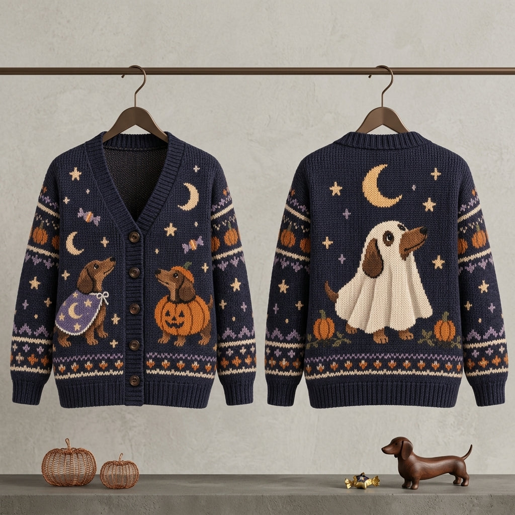 Halloween Dachshund Costume Knitted Cardigan – Oversized Spooky Dog Lover Sweater - mockup 3