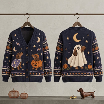 Halloween Dachshund Costume Knitted Cardigan – Oversized Spooky Dog Lover Sweater - mockup 3
