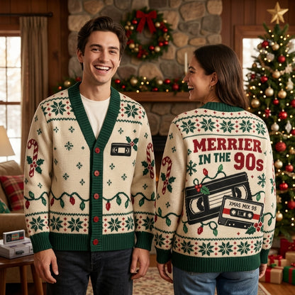 Merrier In The 90s Retro VHS Cassette Knitted Cardigan – Nostalgic Christmas Gift - mockup 1