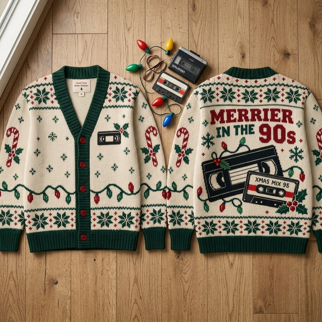 Merrier In The 90s Retro VHS Cassette Knitted Cardigan – Nostalgic Christmas Gift - mockup 2