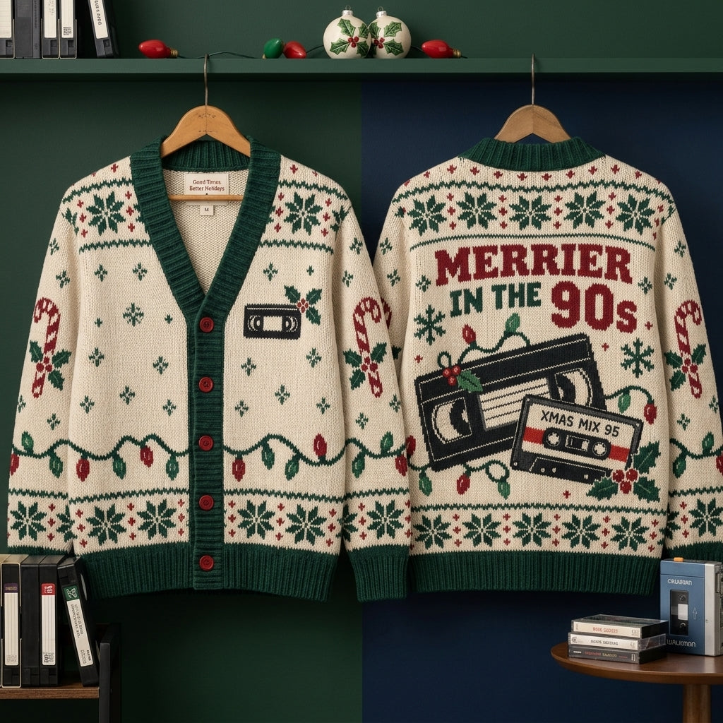 Merrier In The 90s Retro VHS Cassette Knitted Cardigan – Nostalgic Christmas Gift - mockup 3