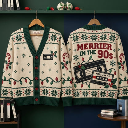 Merrier In The 90s Retro VHS Cassette Knitted Cardigan – Nostalgic Christmas Gift - mockup 3