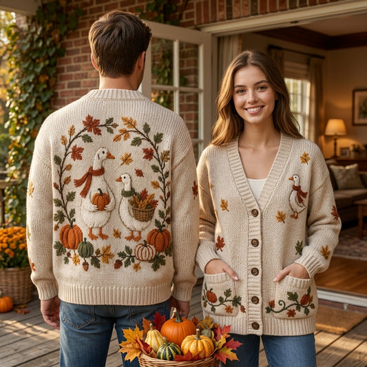 Autumn Goose and Pumpkin Knitted Cardigan – Cozy Fall Cottagecore Oversized Sweater - mockup 1