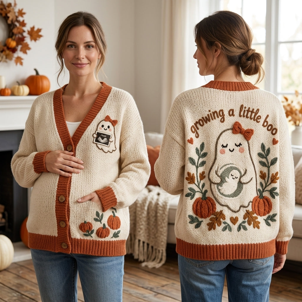 Growing a Little Boo Ghost Pregnancy Announcement Knitted Cardigan – Halloween Maternity Gift - mockup 1