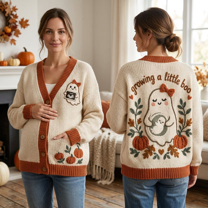 Growing a Little Boo Ghost Pregnancy Announcement Knitted Cardigan – Halloween Maternity Gift - mockup 1
