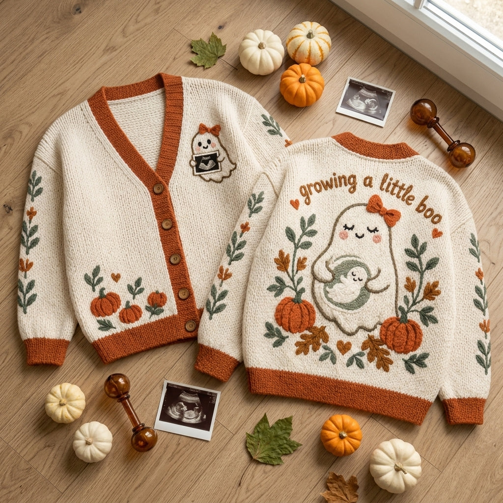 Growing a Little Boo Ghost Pregnancy Announcement Knitted Cardigan – Halloween Maternity Gift - mockup 2