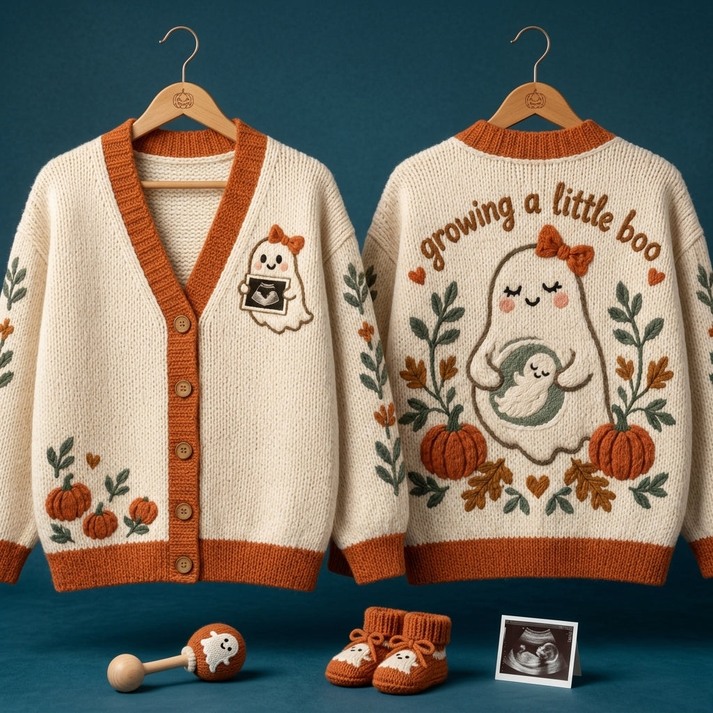 Growing a Little Boo Ghost Pregnancy Announcement Knitted Cardigan – Halloween Maternity Gift - mockup 3
