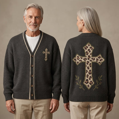 Leopard Print Cross Knitted Cardigan – Religious Faith Oversized Sweater - mockup 1