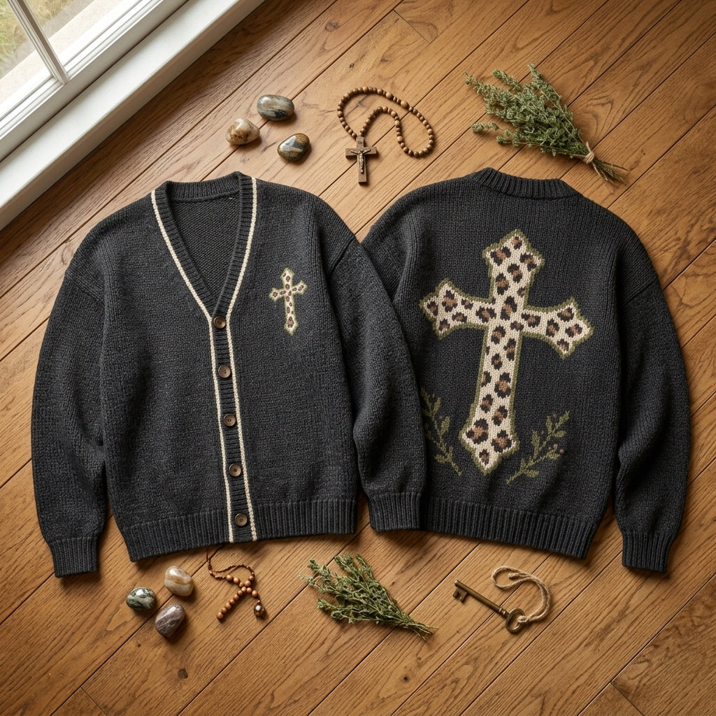 Leopard Print Cross Knitted Cardigan – Religious Faith Oversized Sweater - mockup 2