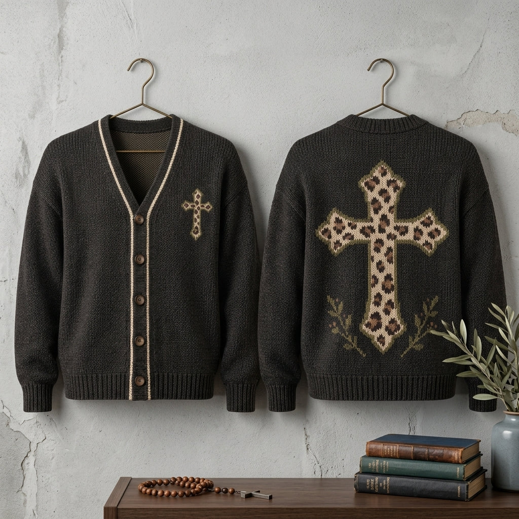 Leopard Print Cross Knitted Cardigan – Religious Faith Oversized Sweater - mockup 3