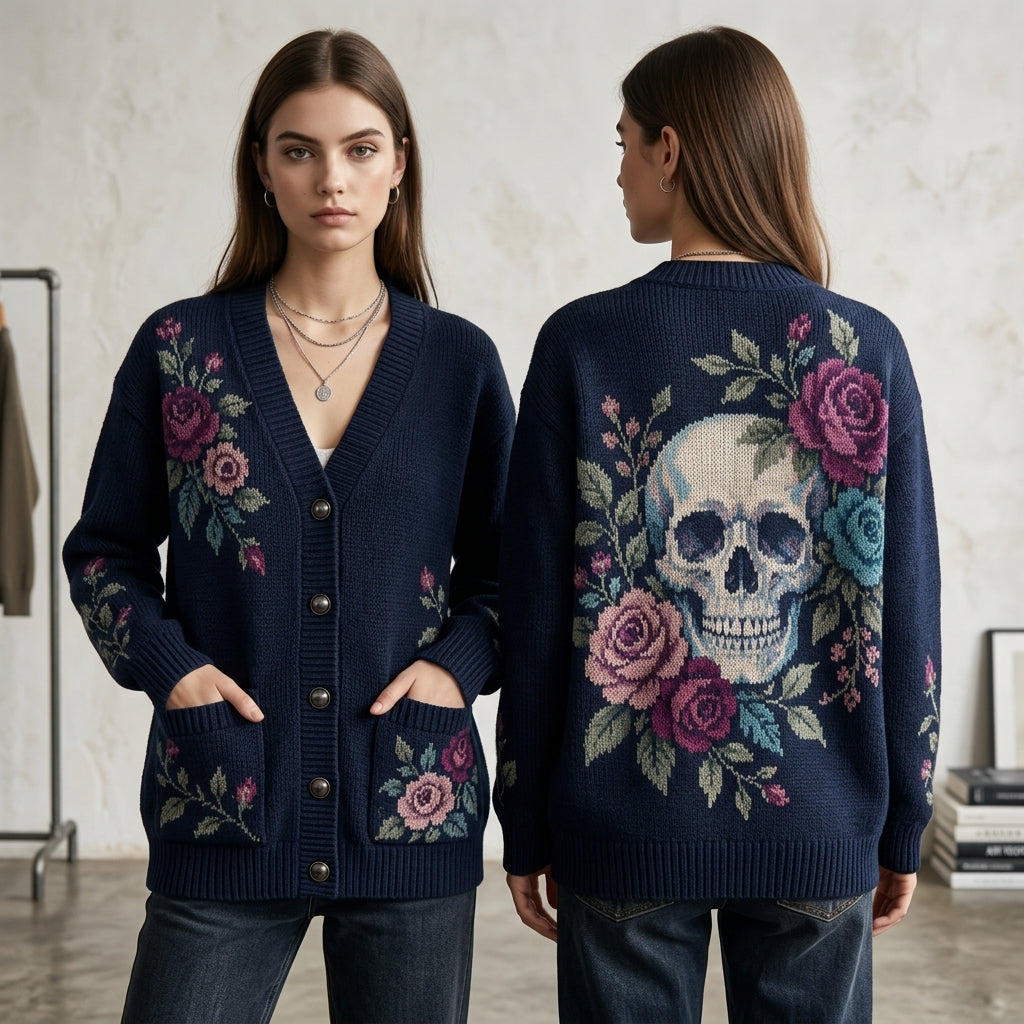 Gothic Skull and Roses Floral Knitted Cardigan – Relaxed Oversized Unisex Fit - mockup 1