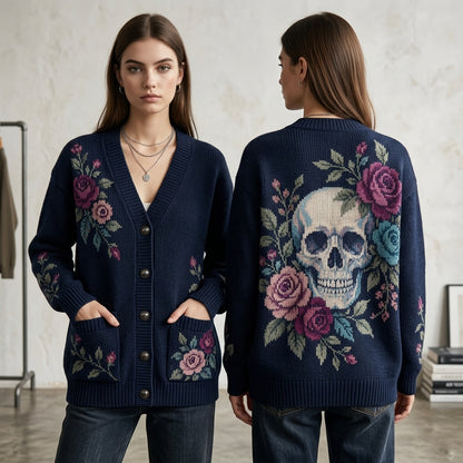 Gothic Skull and Roses Floral Knitted Cardigan – Relaxed Oversized Unisex Fit - mockup 1