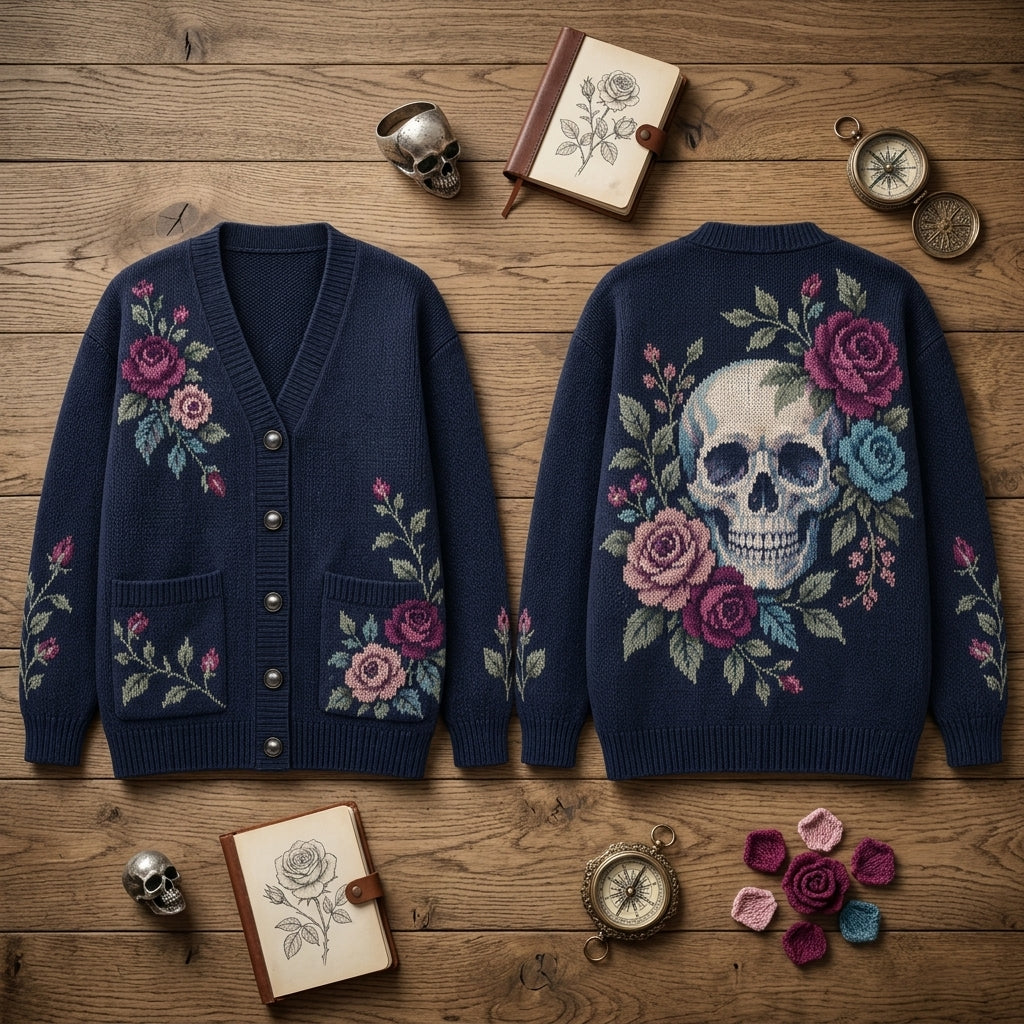 Gothic Skull and Roses Floral Knitted Cardigan – Relaxed Oversized Unisex Fit - mockup 2